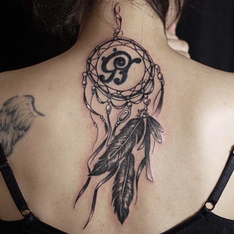 Black Ink Dream Catcher Neck Back Tattoo