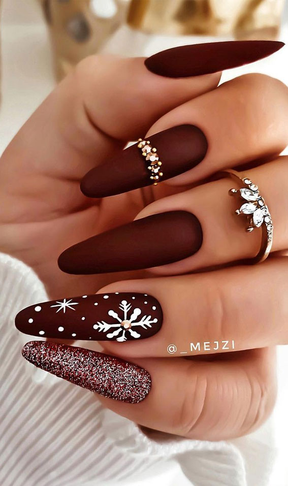 Deep Red Snowflake Nails