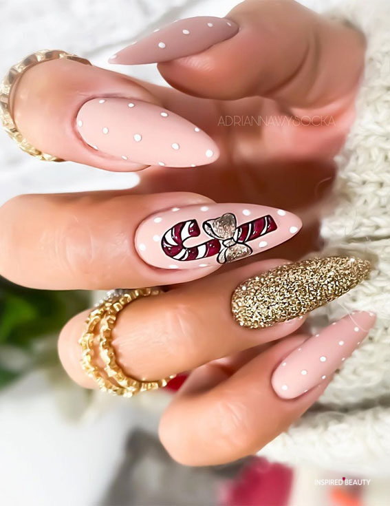 Pink Polka Dot Festive Christmas Nails