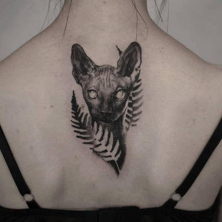 Small Cute Cat Back Tattoo