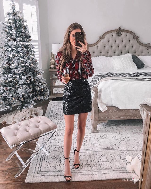 christmas outfits ideas festive sequin skirt plaid top